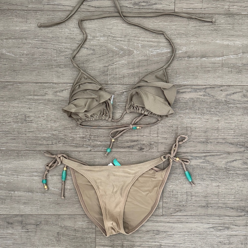 Women’s Ruffle Triangle Bikini Set in Taupe